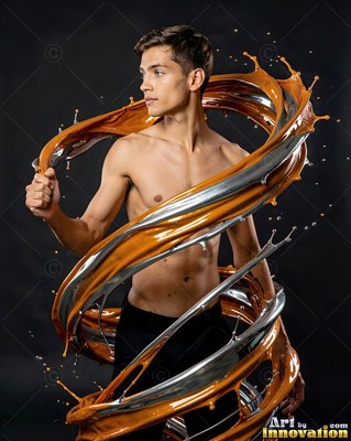 Bare-chested man wrapped in spiraling orange and silver liquid against a dark backdrop