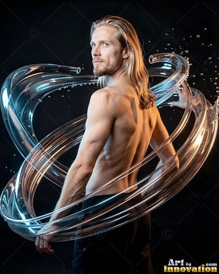 A shirtless blond man turns with clear water tubes curving around him under cool highlights