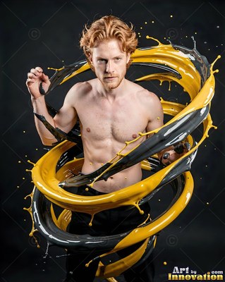 A shirtless redheaded man stands encircled by loops of splashing yellow and gray paint