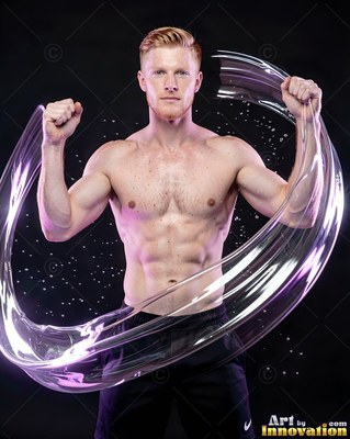 In a dark studio, a shirtless man flexes his arms inside a swirl of clear water