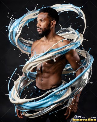 A shirtless man wrapped in swirls of blue and white liquid splashes