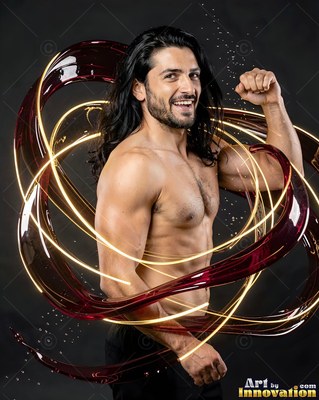 Long dark hair falls on a shirtless man smiling in a dark studio inside looping red bands