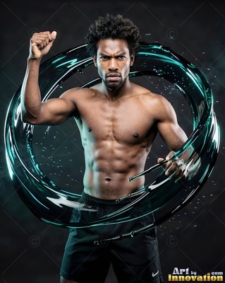 A shirtless man raises his fist inside a swirling ring of dark green water