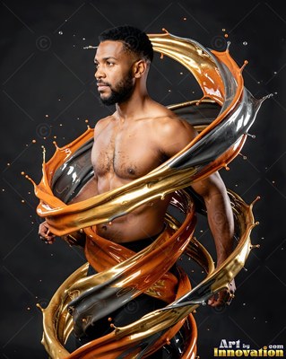 Standing shirtless, a black man is wrapped in swirling ribbons of orange and silver paint