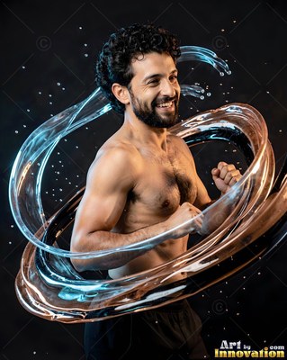 Smiling shirtless man surrounded by swirling clear water