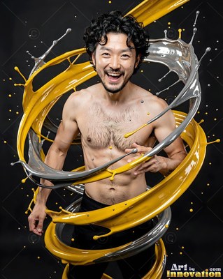 A smiling shirtless man stands as swirls of glossy yellow and silver paint splash around his body