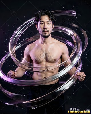 Facing forward in a dark studio, a shirtless man is ringed by clear liquid swirls
