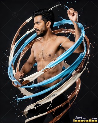 In a dark studio, a shirtless man stands wrapped in spirals of blue and white paint