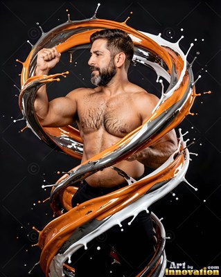Side view of a bearded man in a studio circled by orange liquid splashes