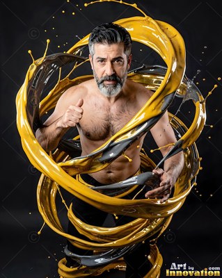 Posing shirtless, a bearded man is encircled by swirling ribbons of yellow paint