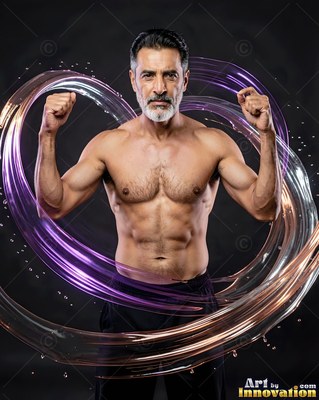 Shirtless bearded man with purple liquid swirling around him