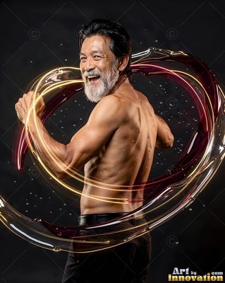 A shirtless older man smiles as rings of yellow and red liquid swirl around his back