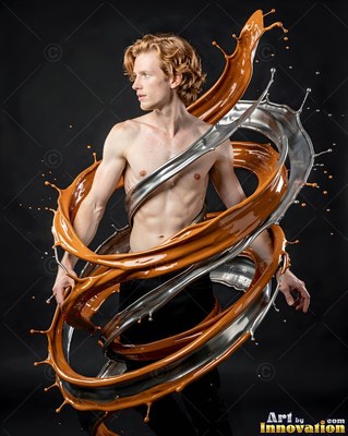 Standing shirtless, a man is encircled by swirling rings of brown and silver liquid