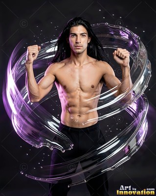 Long black hair falls over a shirtless man with raised fists inside a ring of clear water against dark studio space