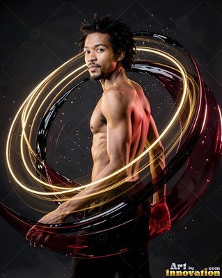 Turned sideways in a dark studio, a shirtless man is encircled by gold rings