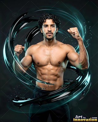 Raising his fists, a shirtless muscular man is standing inside a swirl of glossy dark fluid