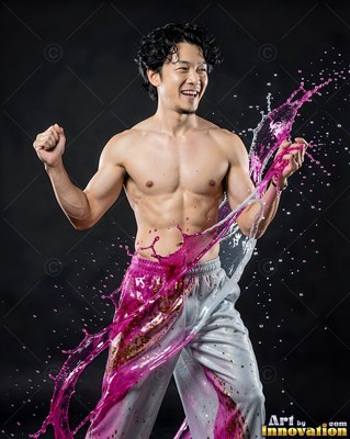 Shirtless smiling man splashed with pink and clear water