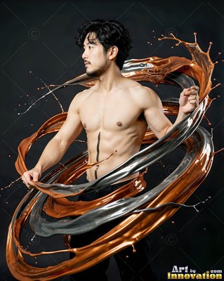 Dark curly hair frames a shirtless man encircled by splashes of silver and bronze paint in a dark studio