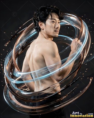 A shirtless man turns back through swirling loops of water reflecting pale light