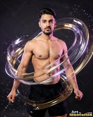 In a dark studio, a shirtless man stands inside swirling rings of clear water