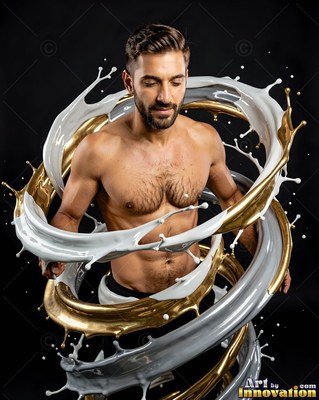 Front view of a shirtless man in a dark studio wrapped in white and gold splashes