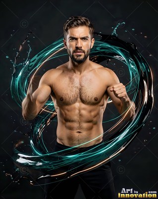 A shirtless man raises his fists inside a swirl of dark water and teal light
