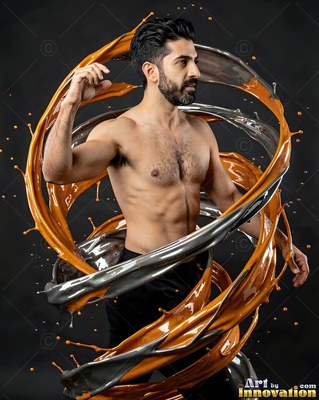 Twisting his torso, a shirtless man is circled by spiraling ribbons of silver and orange paint