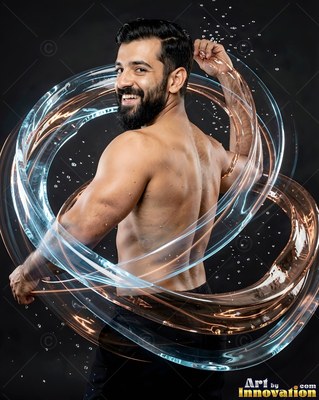 Smiling shirtless man circled by swirling clear water ribbons