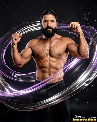 Muscular man flexing his arms in a dark studio with purple water rings