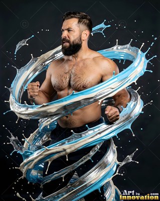 In a dark studio, a muscular bearded man is circled by swirls of blue and white liquid