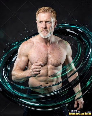 A shirtless man running as rings of dark teal water swirl around his body