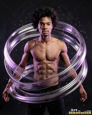 Standing still, a shirtless man is encircled by clear liquid rings on dark studio space