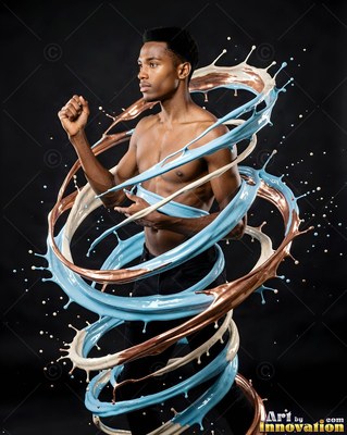 Bare-chested man wrapped in spirals of blue and bronze liquid against a black background