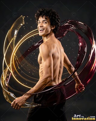 A smiling shirtless man turns as arcs of gold and dark red liquid swirl around him