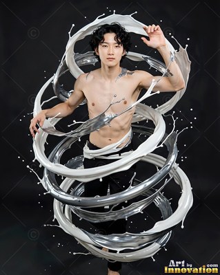 A shirtless man is standing wrapped in spirals of splashing white and silver liquid