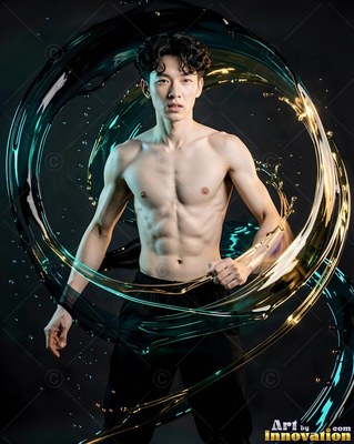 In a dark studio, a shirtless man stands inside swirling arcs of dark liquid