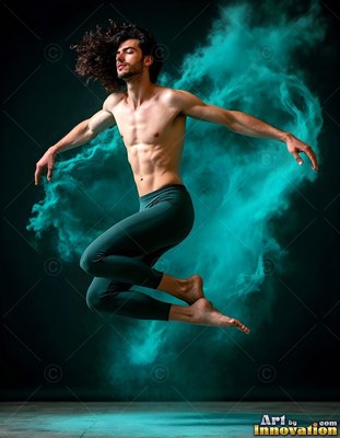 Leaping into the air, a shirtless man jumps before a cloud of teal powder