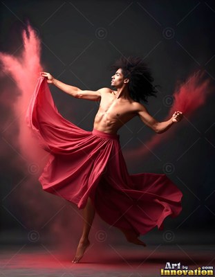 A shirtless man leaps in a red skirt throwing red powder