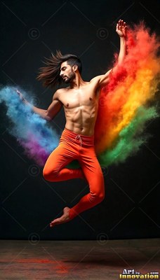 Leaping in midair in a dark studio, a shirtless man scatters colorful powder clouds