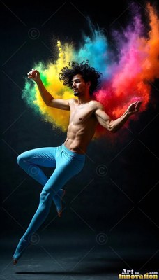 A shirtless man in blue tights jumps as yellow and pink powder explodes behind him