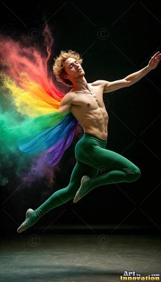 In a dark studio, a leaping man trails rainbow powder behind his arm