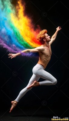 Leaping midair, a shirtless man in white tights trails rainbow powder against black