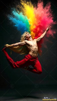 Man in red pants leaps before a burst of rainbow powder