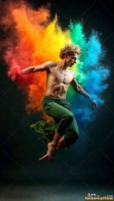 Green pants ripple as a shirtless man leaps in a dark studio, trailed by rainbow powder clouds