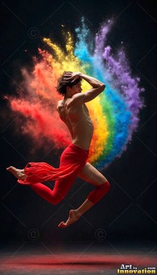 A man leaps midair in red fabric against an arc of bright rainbow powder