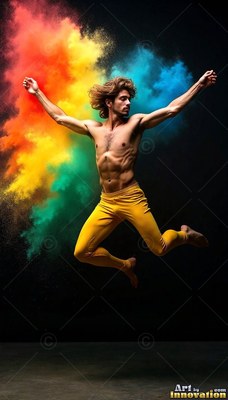 Leaping in a dark studio, a man jumps past a burst of yellow and blue powder