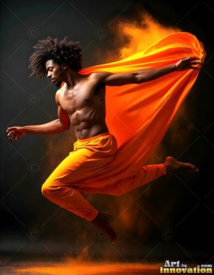 A shirtless man leaps midair in bright orange pants, trailing yellow dust