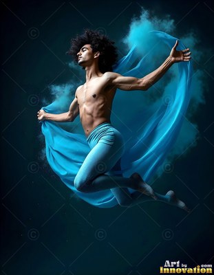 In a dark room, a shirtless man leaps through bright blue powder and cloth