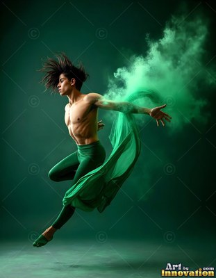Leaping through the air, a shirtless man dances with flowing green cloth and green smoke