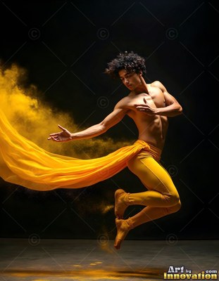 Man leaping in midair with flowing yellow cloth and powder